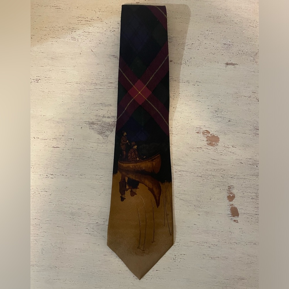 Polo‎ Ralph Lauren Hand Made in USA Vintage Rare Plaid-Canoe Print Silk Tie